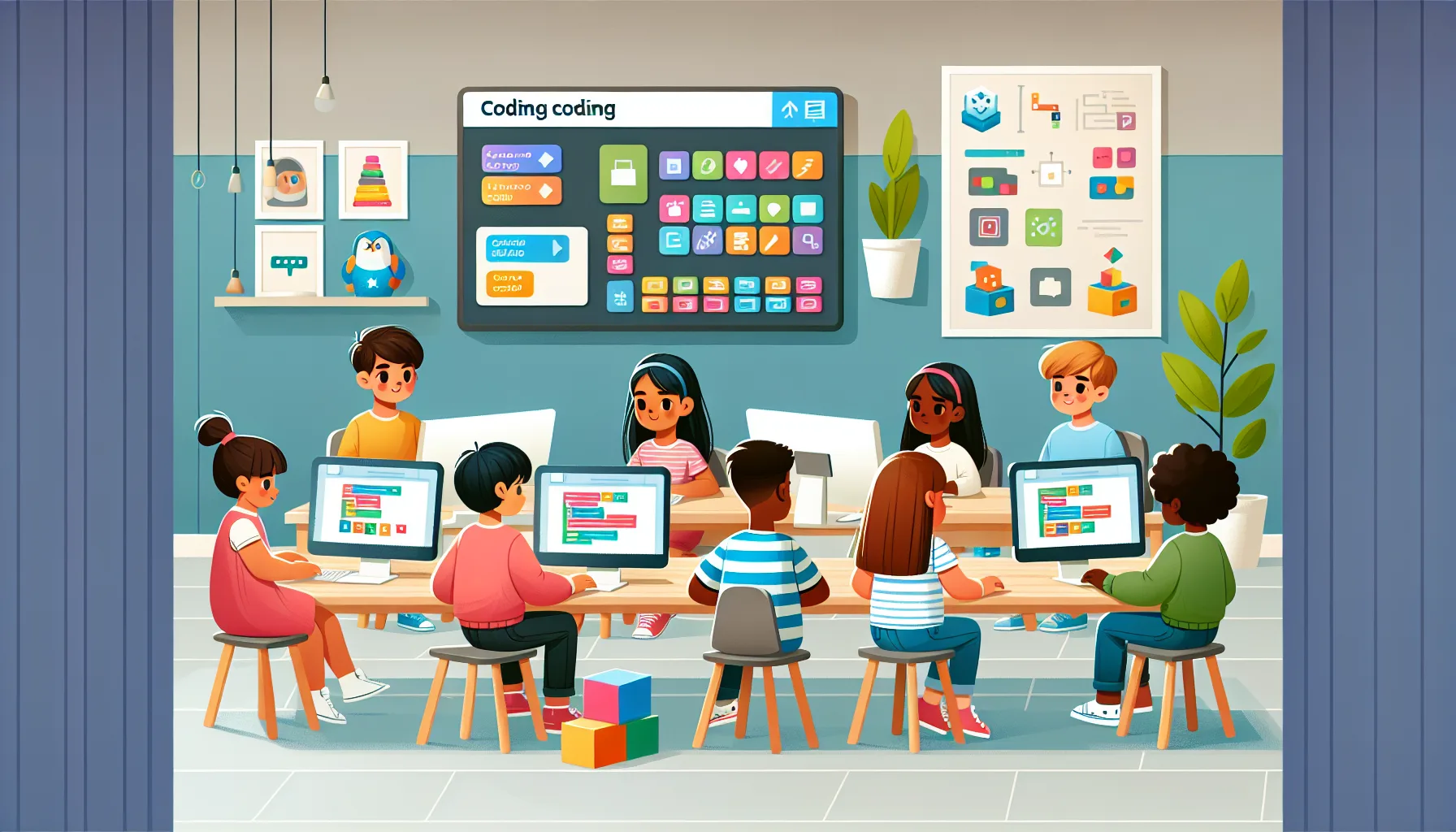 Иллюстрация к статье «Интерактивное обучение программированию для детей: лучшие онлайн-платформы» — Двое детей славянской внешности (мальчик и девочка 8–10 л…