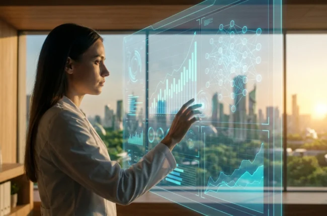 Иллюстрация к статье «Искусственный интеллект 2030: Главные тренды и прогнозы, которые изменят мир» — Молодая женщина-ученый славянской внешности, сосредоточ…