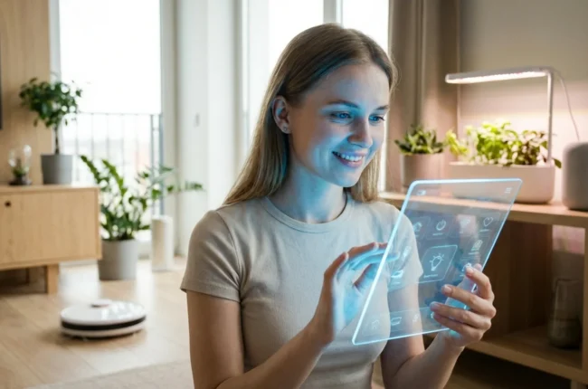 Иллюстрация к статье «Искусственный интеллект в быту: 10 гаджетов, которые уже меняют нашу жизнь» — Молодая женщина со славянской внешностью взаимодействует …