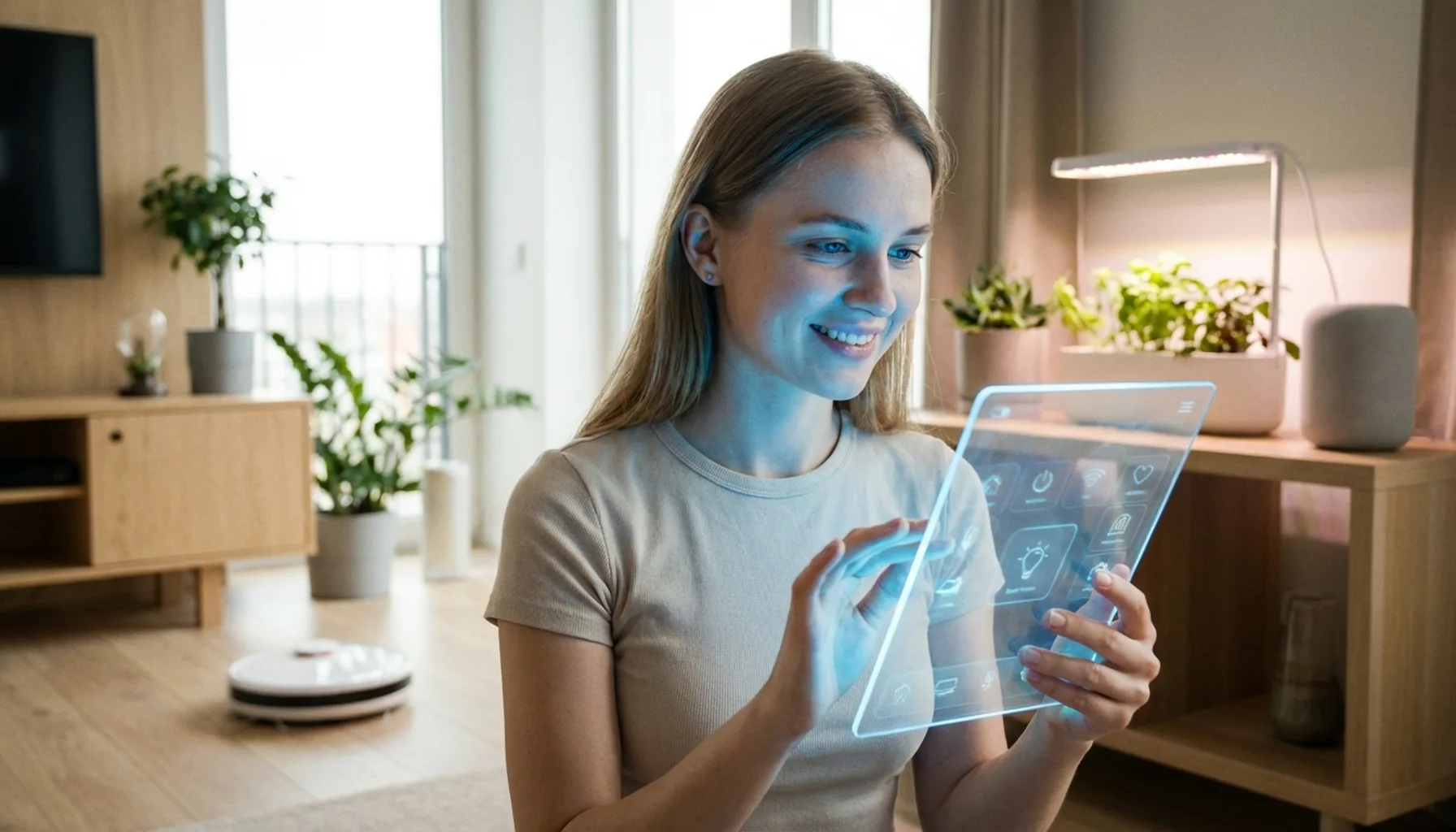 Иллюстрация к статье «Искусственный интеллект в быту: 10 гаджетов, которые уже меняют нашу жизнь» — Молодая женщина со славянской внешностью взаимодействует …