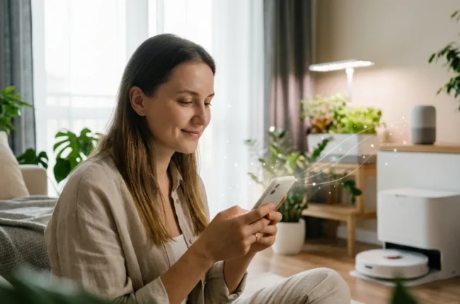 Иллюстрация к статье «Искусственный интеллект в быту: 10 примеров, как AI уже изменил вашу жизнь» — Молодая женщина славянской внешности в своей гостиной, с …