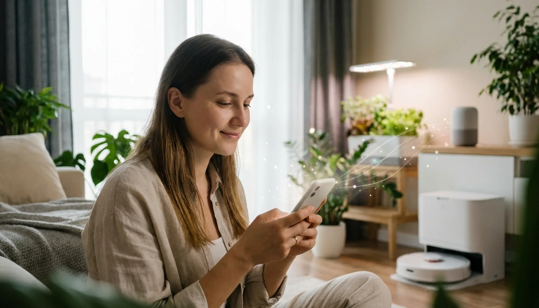 Иллюстрация к статье «Искусственный интеллект в быту: 10 примеров, как AI уже изменил вашу жизнь» — Молодая женщина славянской внешности в своей гостиной, с …
