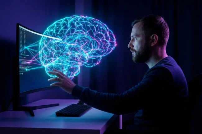 Иллюстрация к статье «Искусственный интеллект в командной строке: Обзор и рейтинг CLI-моделей для Linux» — Программист славянской внешности взаимодействует с…