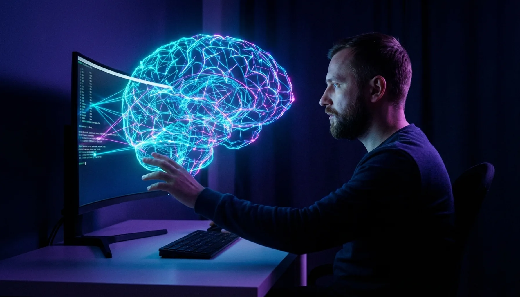 Иллюстрация к статье «Искусственный интеллект в командной строке: Обзор и рейтинг CLI-моделей для Linux» — Программист славянской внешности взаимодействует с…