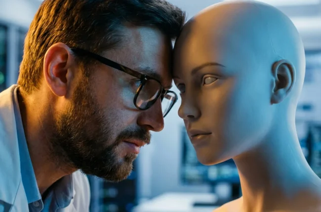 Иллюстрация к статье «Искусственный интеллект: гениальный разум или продвинутая имитация?» — Славянский ученый (мужчина или женщина, 30-40 лет) внимательно, …