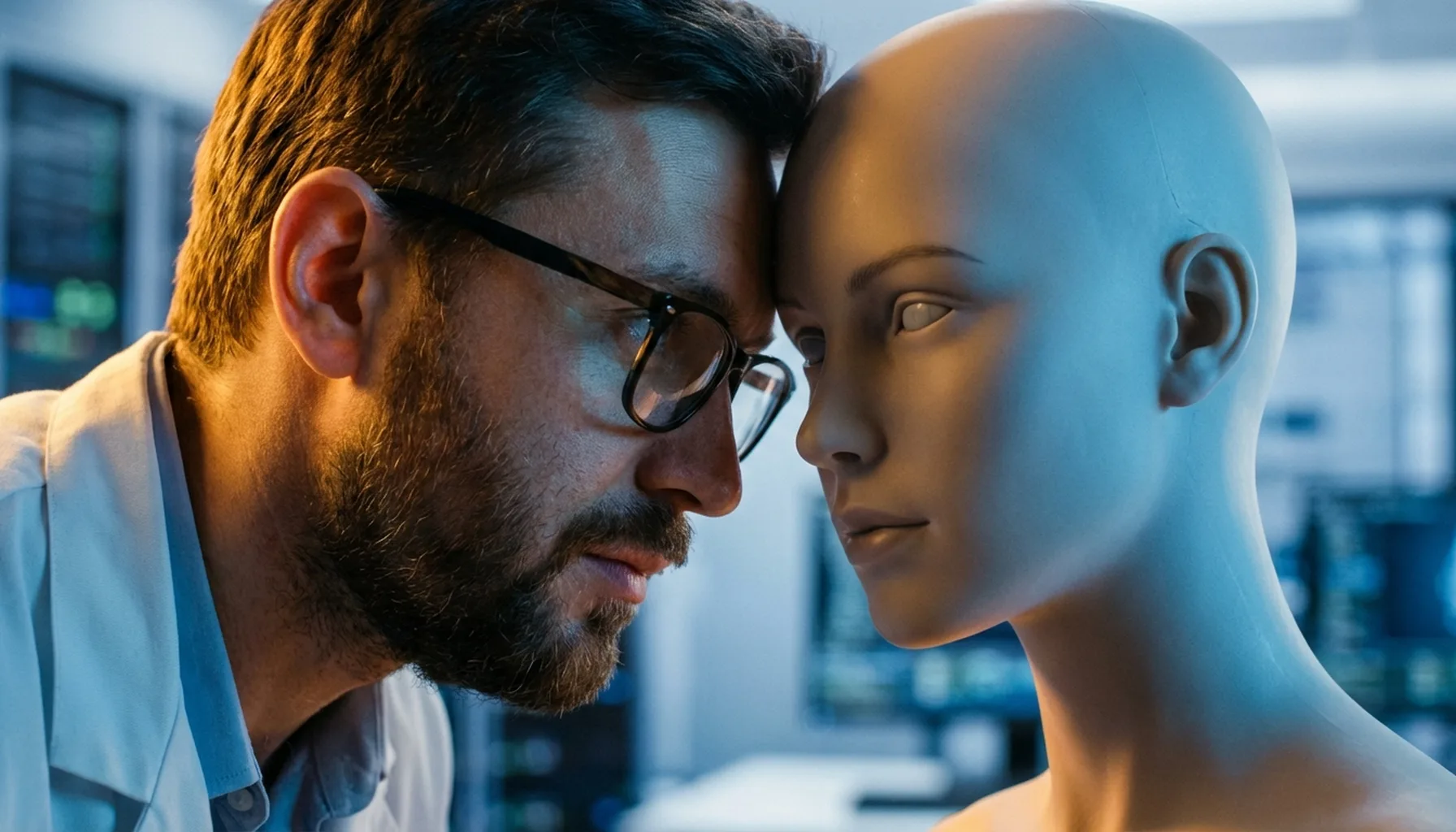 Иллюстрация к статье «Искусственный интеллект: гениальный разум или продвинутая имитация?» — Славянский ученый (мужчина или женщина, 30-40 лет) внимательно, …