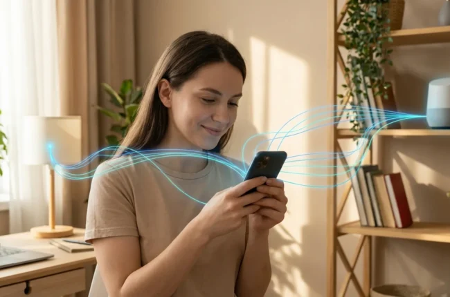 Иллюстрация к статье «Искусственный интеллект для чайников: простое объяснение, где вы встречаете AI каждый день» — Молодая женщина славянской внешности в св…