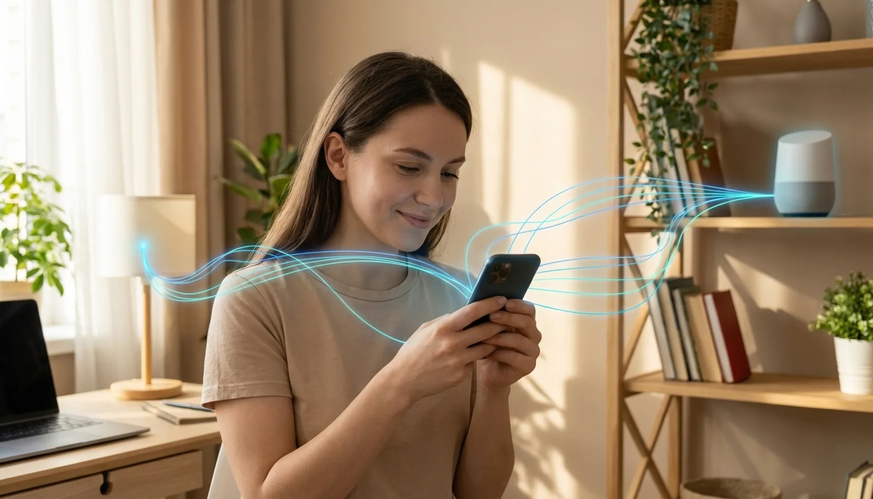 Иллюстрация к статье «Искусственный интеллект для чайников: простое объяснение, где вы встречаете AI каждый день» — Молодая женщина славянской внешности в св…