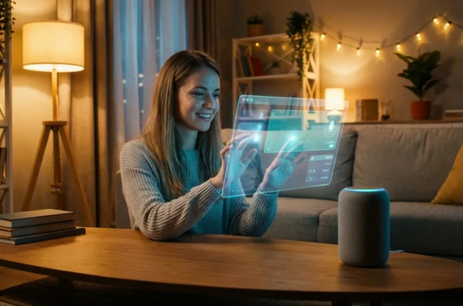 Иллюстрация к статье «Искусственный интеллект дома: от умных колонок до персональных ассистентов» — Молодая женщина со славянской внешностью в своей гостиной…