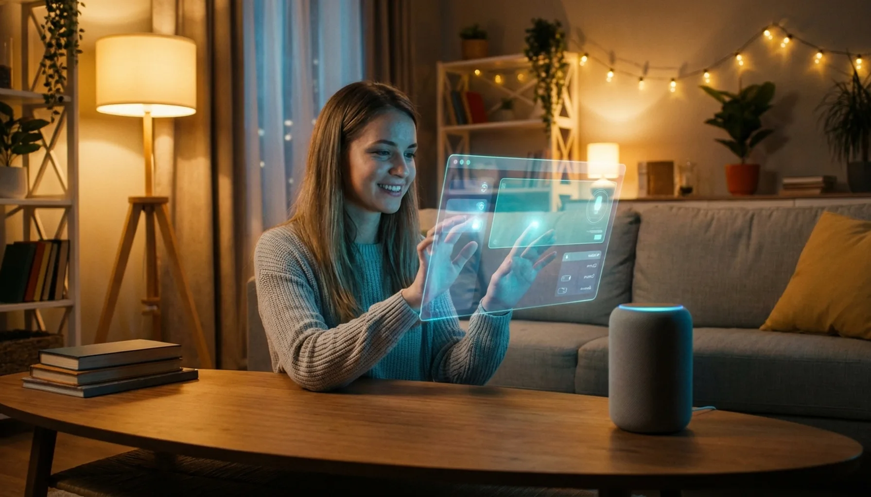 Иллюстрация к статье «Искусственный интеллект дома: от умных колонок до персональных ассистентов» — Молодая женщина со славянской внешностью в своей гостиной…