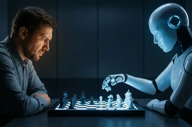 Иллюстрация к статье «Искусственный интеллект против человеческого мозга: кто победит в битве за будущее?» — Противостояние человека и искусственного интелле…