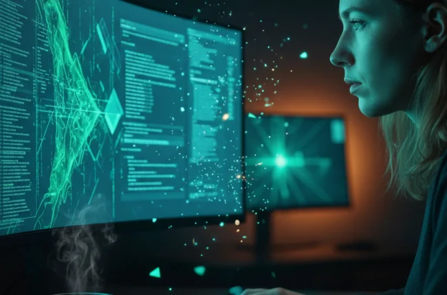 Иллюстрация к статье «Используем Kimi AI в командной строке: Инструкция по установке через Brew» — A focused software developer with Slavic appearance (light…