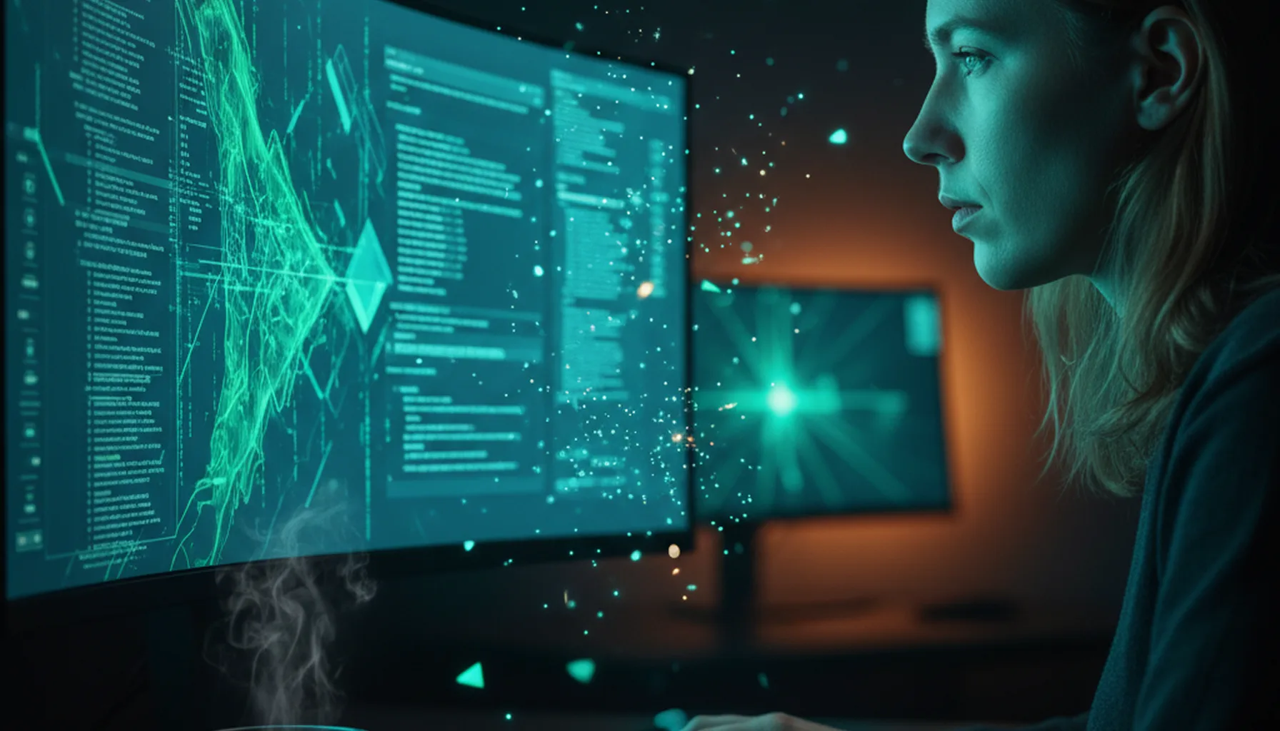 Иллюстрация к статье «Используем Kimi AI в командной строке: Инструкция по установке через Brew» — A focused software developer with Slavic appearance (light…