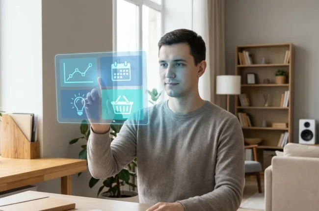 Иллюстрация к статье «Как AI помогает решать повседневные задачи: автоматизация рутины на работе и дома» — Молодой мужчина или женщина славянской внешности в…