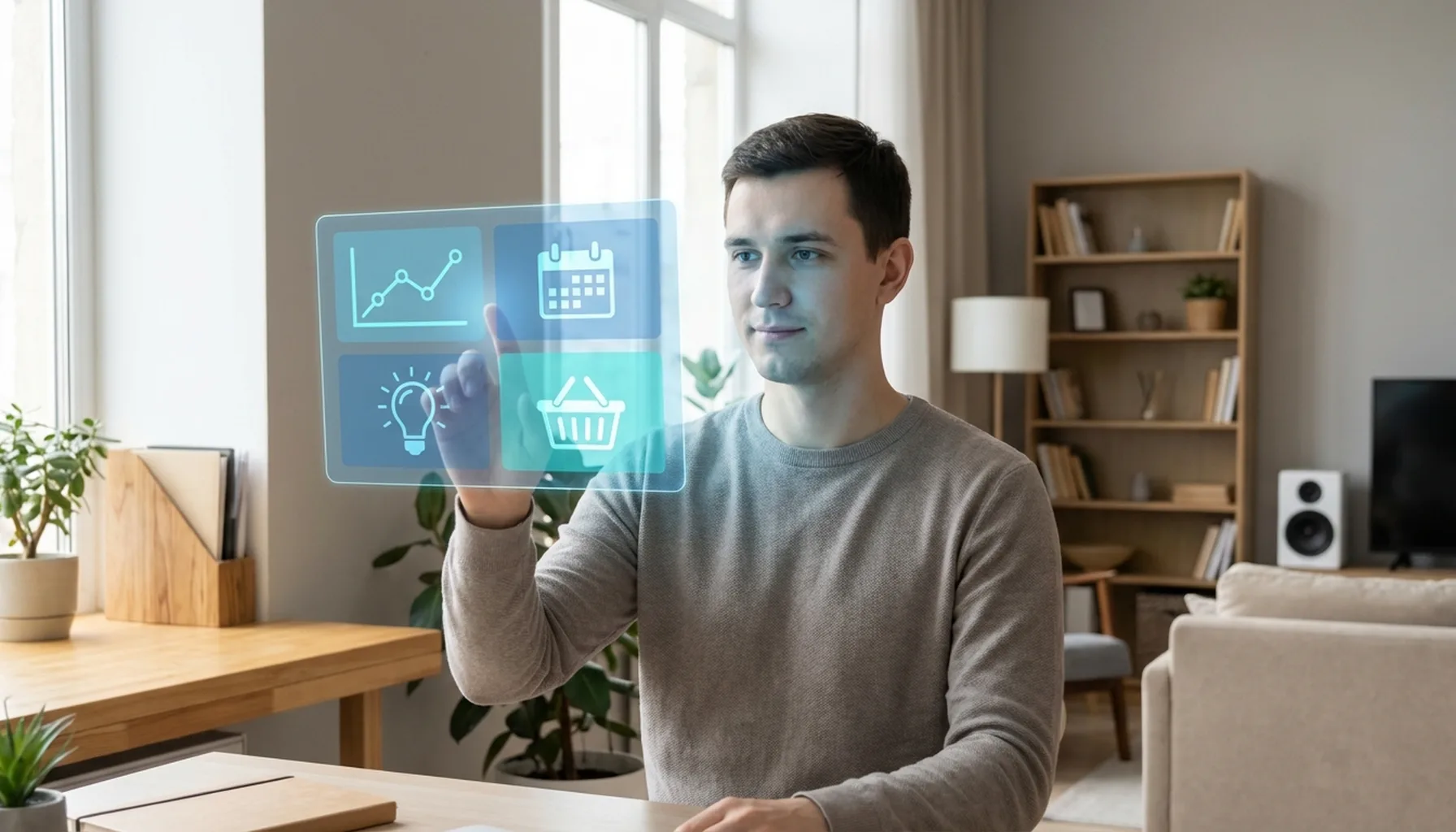 Иллюстрация к статье «Как AI помогает решать повседневные задачи: автоматизация рутины на работе и дома» — Молодой мужчина или женщина славянской внешности в…