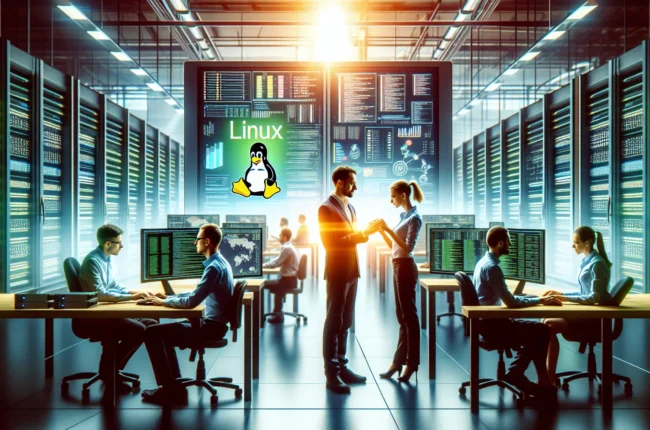 Иллюстрация к статье «Как Linux меняет корпоративные IT-ландшафты» — группа IT-специалистов, работающих над сервером с логотипом Linux на экране, современный…