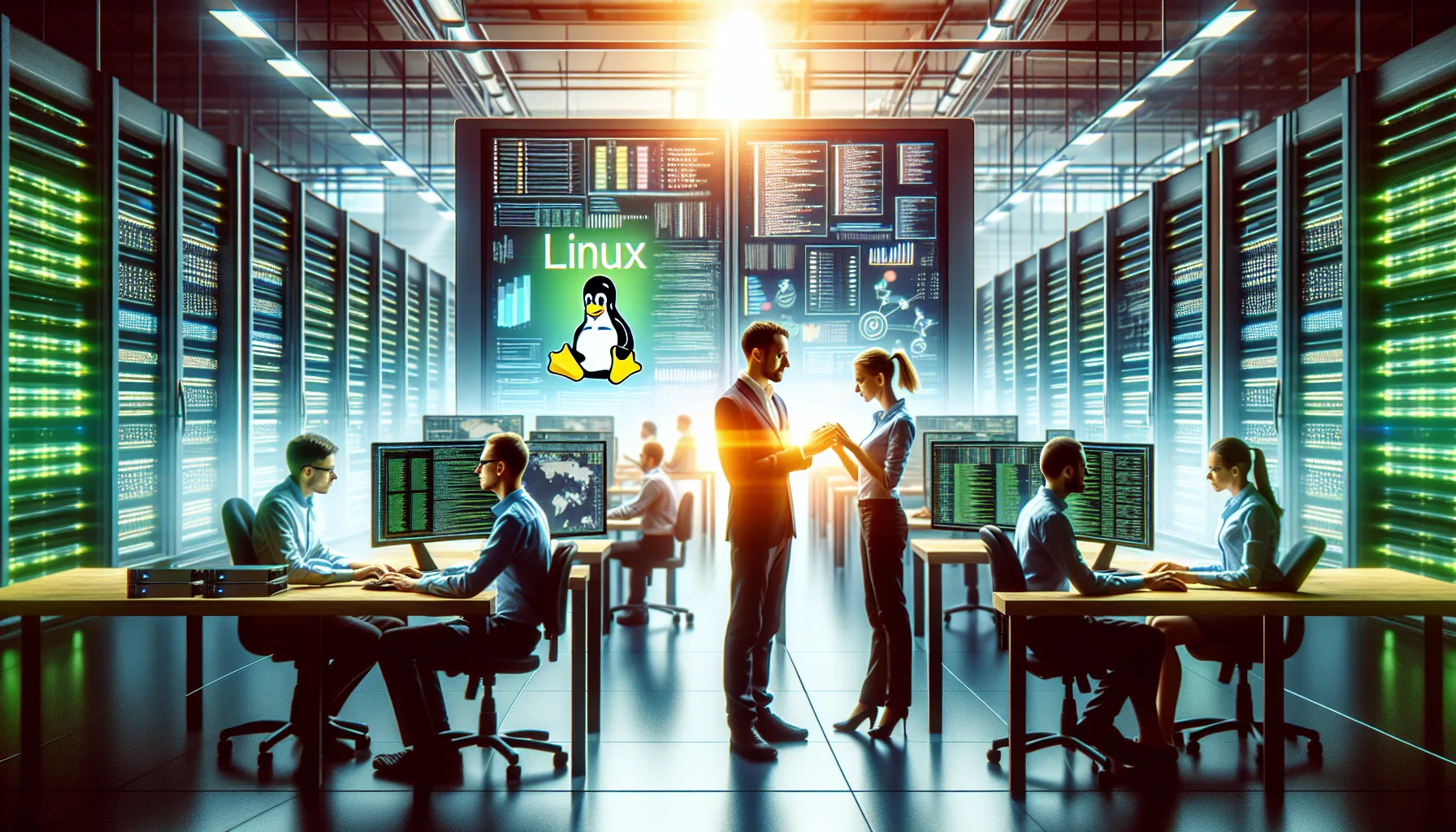 Иллюстрация к статье «Как Linux меняет корпоративные IT-ландшафты» — группа IT-специалистов, работающих над сервером с логотипом Linux на экране, современный…