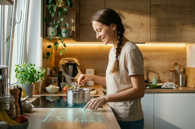 Иллюстрация к статье «Как ИИ меняет нашу повседневную жизнь: 10 реальных примеров, о которых вы не знали» — Молодая женщина со славянской внешностью на совре…