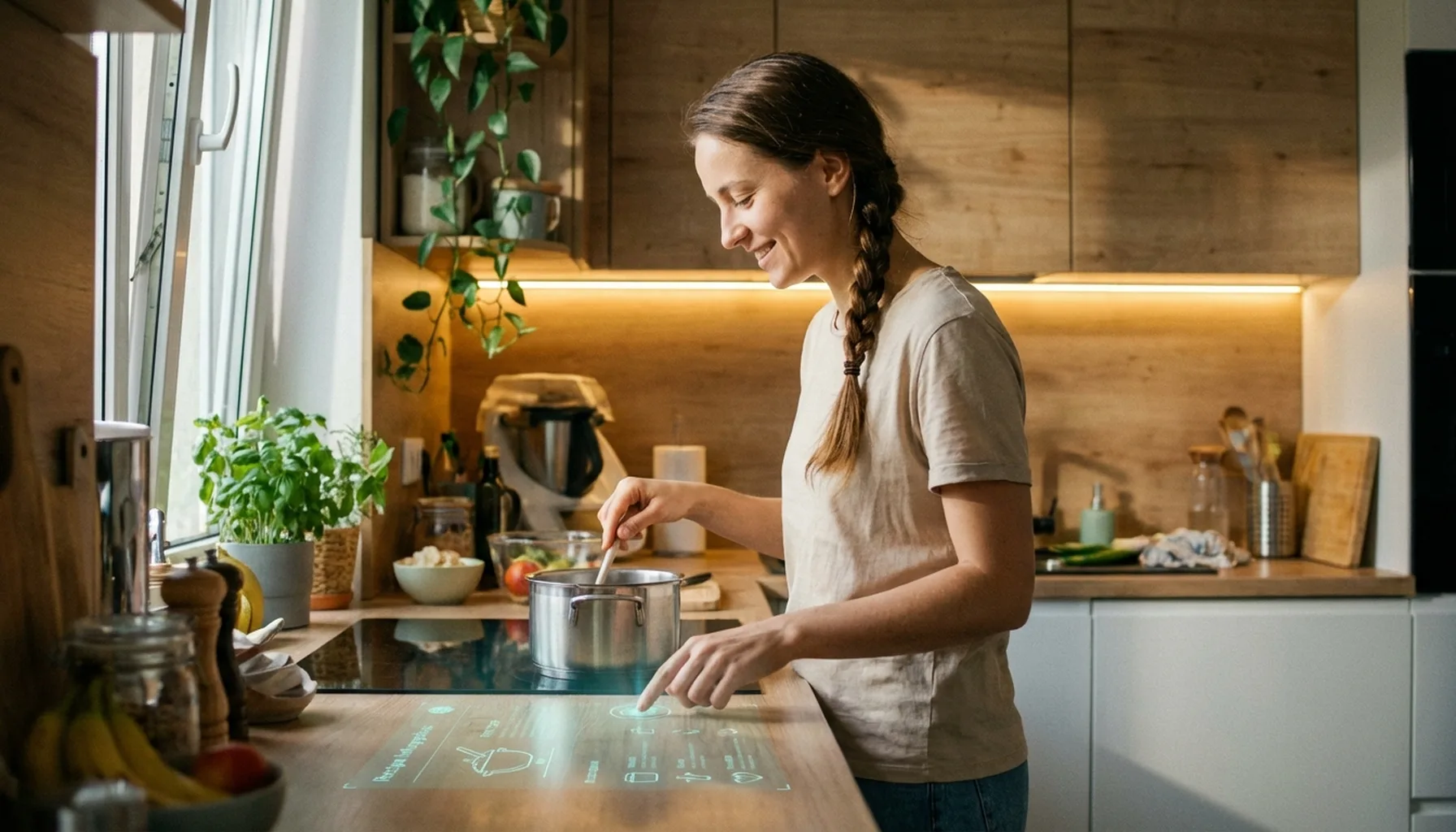 Иллюстрация к статье «Как ИИ меняет нашу повседневную жизнь: 10 реальных примеров, о которых вы не знали» — Молодая женщина со славянской внешностью на совре…