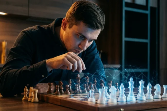 Иллюстрация к статье «Как Мышление Шахматного ИИ Может Улучшить Вашу Игру: Уроки от AlphaZero и Stockfish» — Молодой человек или девушка славянской внешности…