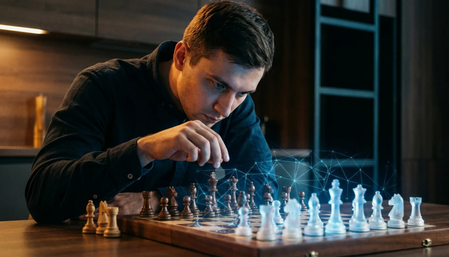 Иллюстрация к статье «Как Мышление Шахматного ИИ Может Улучшить Вашу Игру: Уроки от AlphaZero и Stockfish» — Молодой человек или девушка славянской внешности…