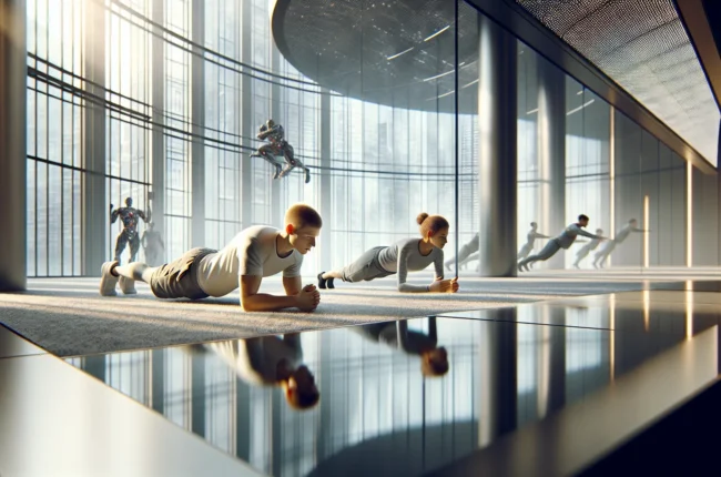 Иллюстрация к статье «Как быстро накачать пресс: топ 10 упражнений для рельефного живота» — Молодой мужчина и женщина славянской внешности выполняют упражнен…