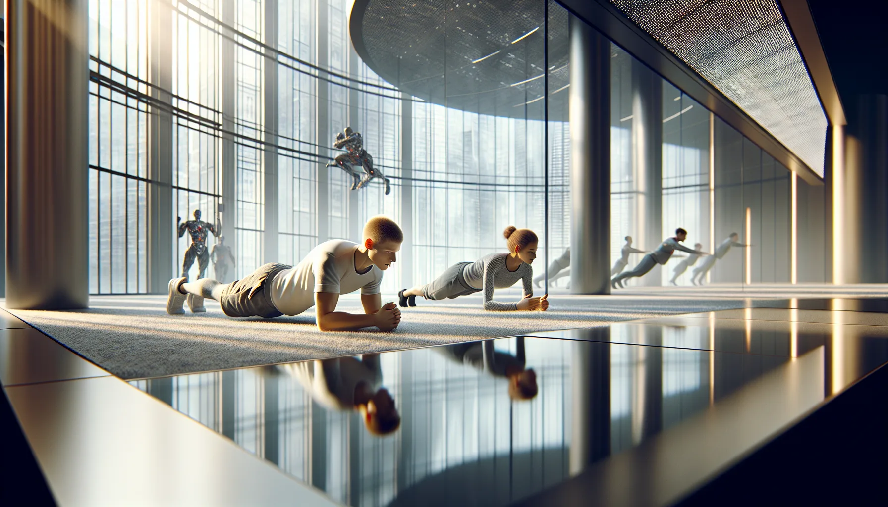 Иллюстрация к статье «Как быстро накачать пресс: топ 10 упражнений для рельефного живота» — Молодой мужчина и женщина славянской внешности выполняют упражнен…