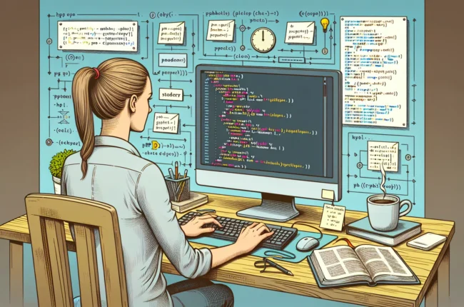 Иллюстрация к статье «Как быстро освоить PHP: советы и примеры кода для новичков» — молодой человек славянской внешности за ноутбуком, сосредоточенно изучающ…