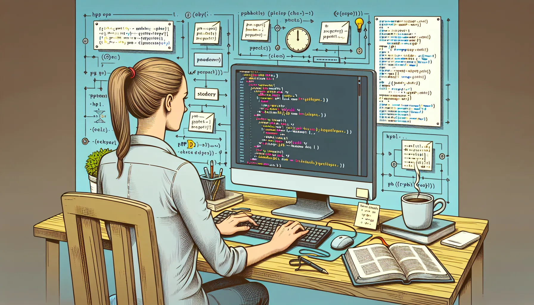 Иллюстрация к статье «Как быстро освоить PHP: советы и примеры кода для новичков» — молодой человек славянской внешности за ноутбуком, сосредоточенно изучающ…