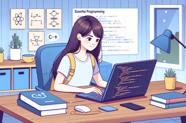 Иллюстрация к статье «Как быстро освоить основы программирования на C++» — молодой человек или женщина славянской внешности за ноутбуком, сосредоточенно изуч…