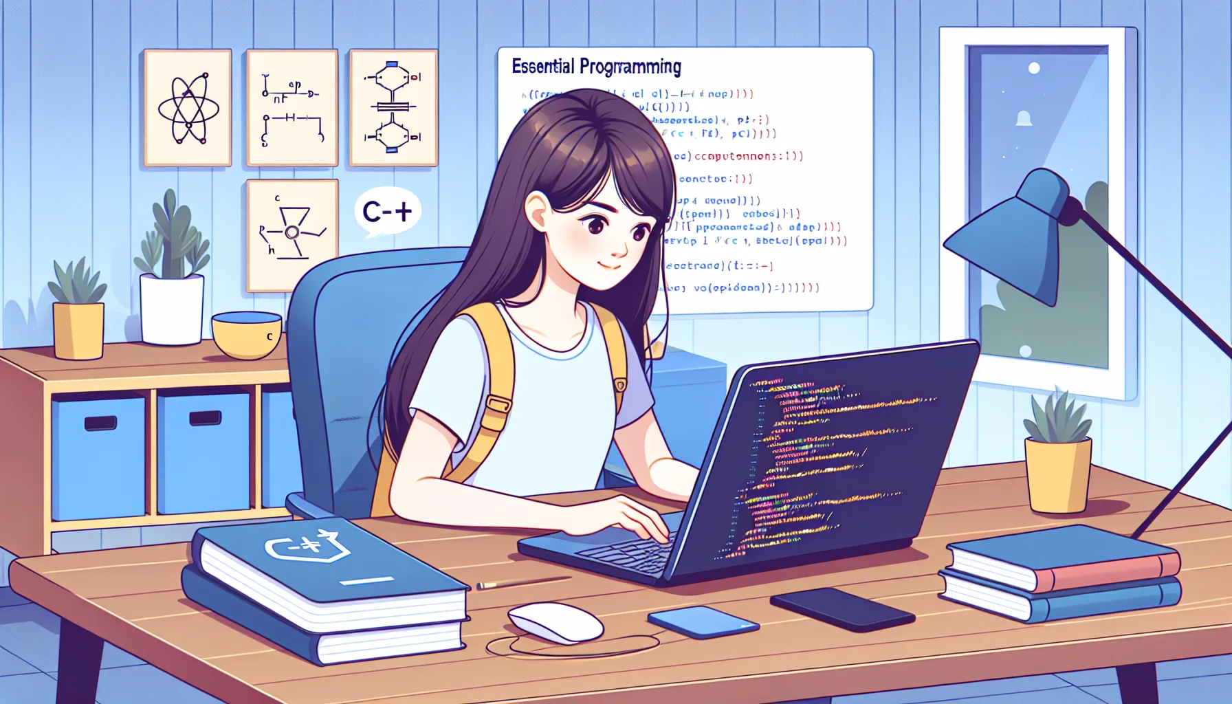 Иллюстрация к статье «Как быстро освоить основы программирования на C++» — молодой человек или женщина славянской внешности за ноутбуком, сосредоточенно изуч…