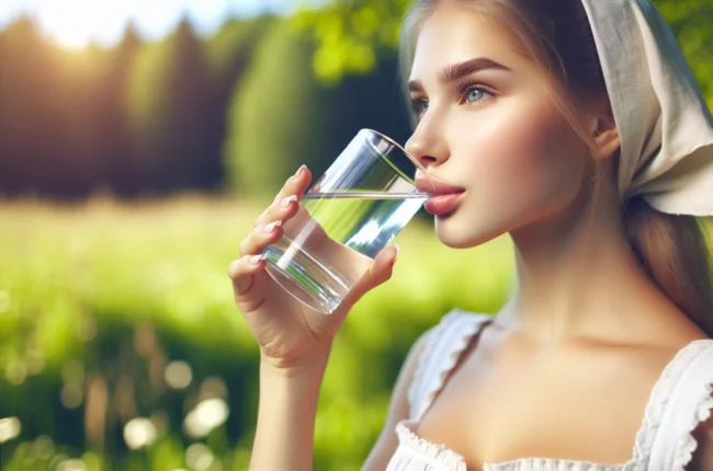 Иллюстрация к статье «Как вода влияет на здоровье человека: польза и научные факты» — молодая славянская женщина пьёт чистую воду из прозрачного стакана, на …