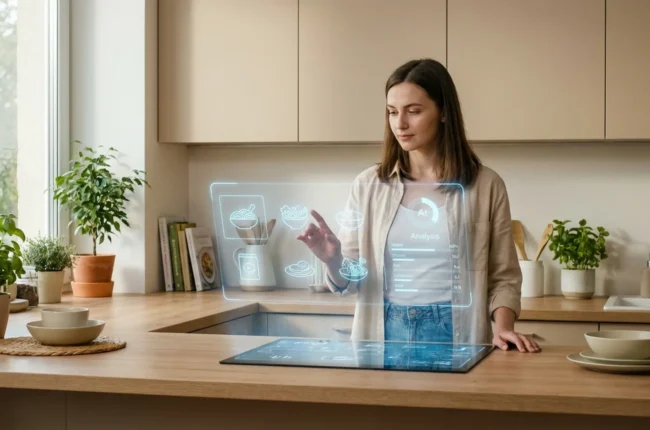 Иллюстрация к статье «Как искусственный интеллект меняет нашу рутину: неожиданные применения AI в 2024 году» — Молодая женщина славянской внешности в своей к…