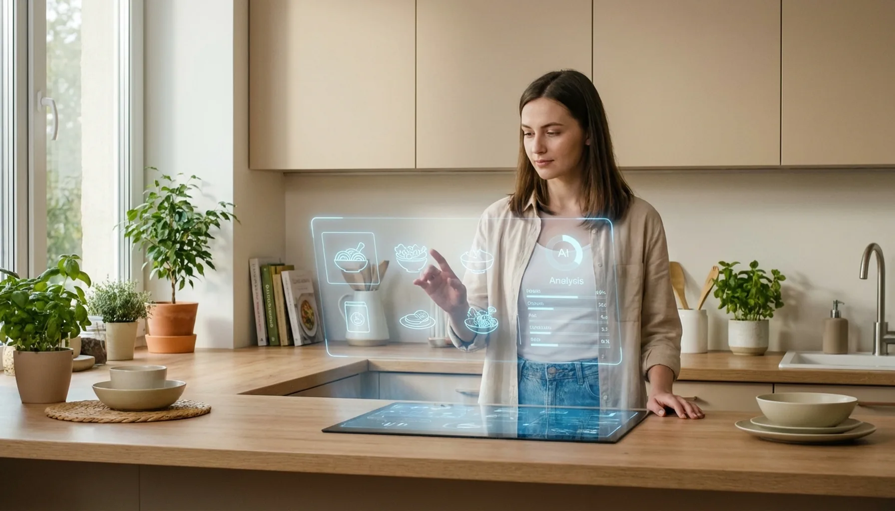 Иллюстрация к статье «Как искусственный интеллект меняет нашу рутину: неожиданные применения AI в 2024 году» — Молодая женщина славянской внешности в своей к…