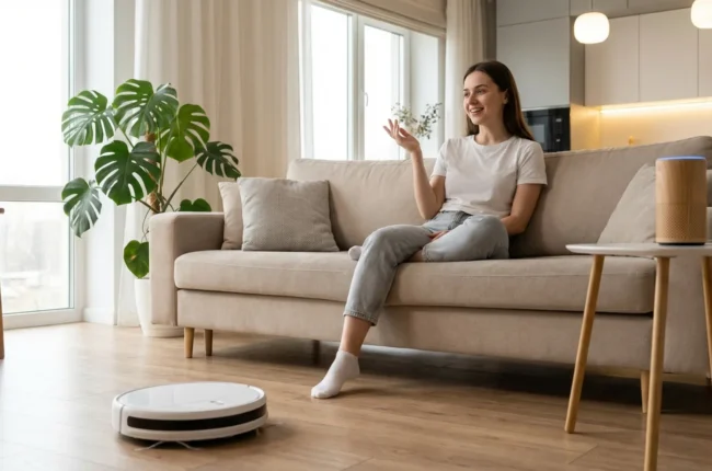 Иллюстрация к статье «Как искусственный интеллект упрощает быт: от умных колонок до роботов-пылесосов» — Молодая женщина славянской внешности в своей гостино…
