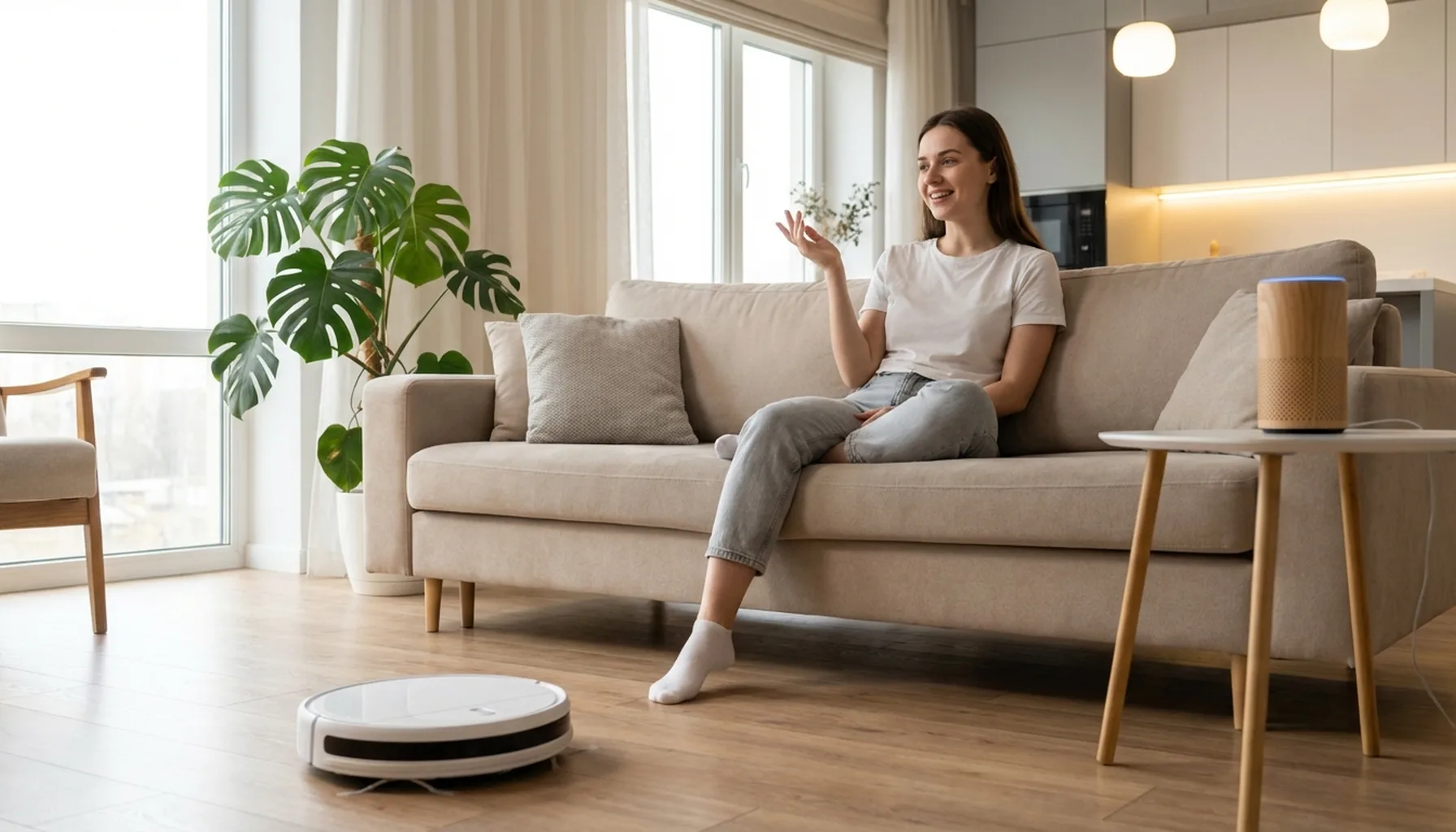 Иллюстрация к статье «Как искусственный интеллект упрощает быт: от умных колонок до роботов-пылесосов» — Молодая женщина славянской внешности в своей гостино…