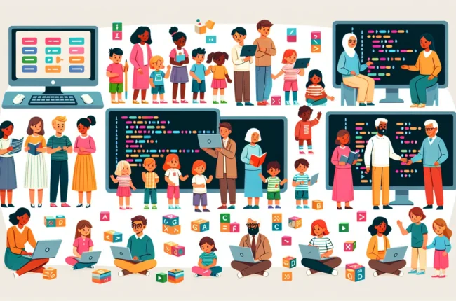 Иллюстрация к статье «Как научить ребенка программировать: простое руководство для родителей и учителей» — ребенок и взрослый (родитель или учитель) вместе у…