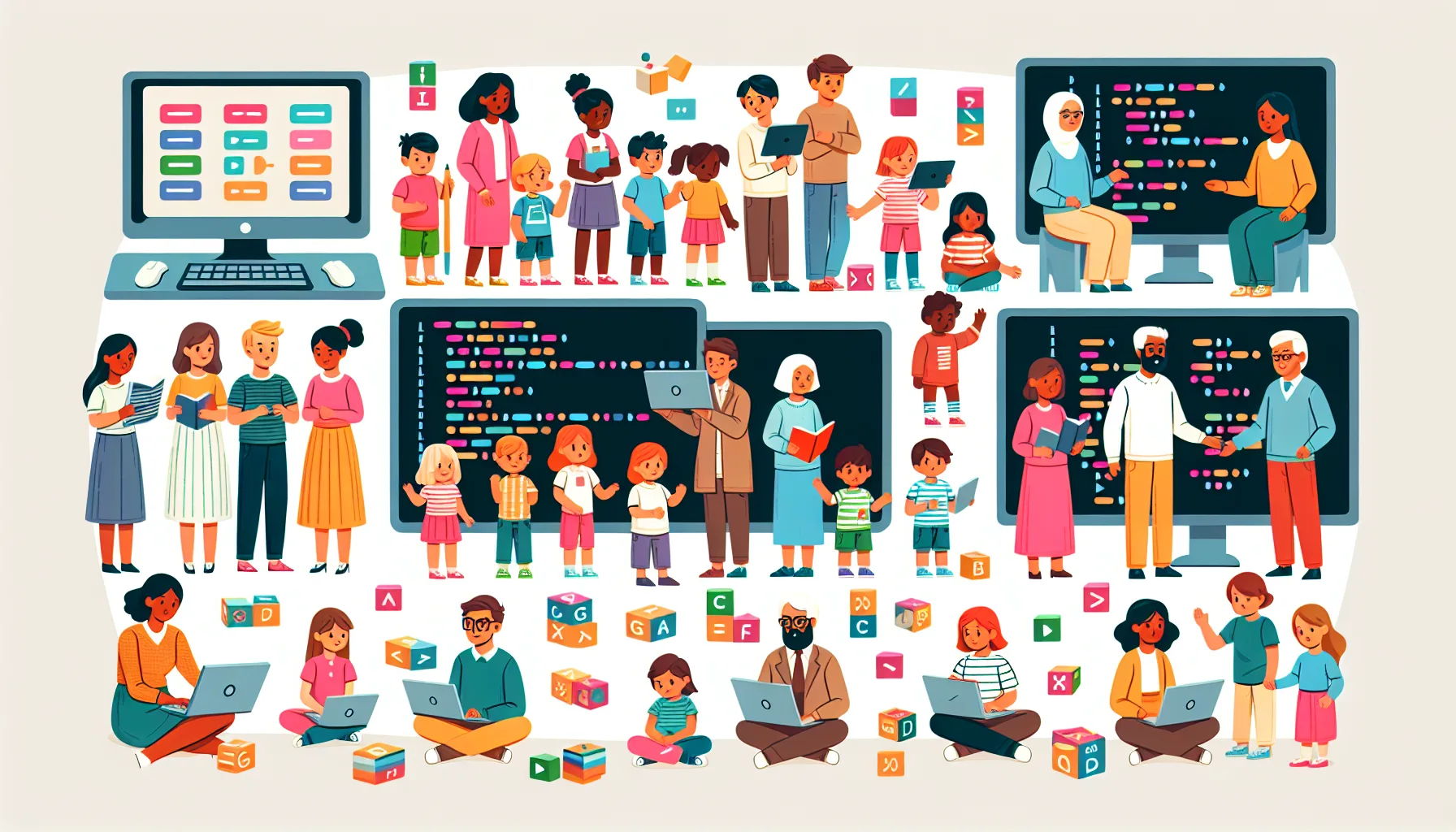 Иллюстрация к статье «Как научить ребенка программировать: простое руководство для родителей и учителей» — ребенок и взрослый (родитель или учитель) вместе у…