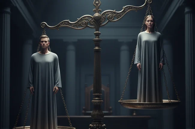 Иллюстрация к статье «Как пол влияет на приговор: исследование гендерного неравенства в юстиции трех регионов мира» — Весы правосудия, на чашах которых стоят…