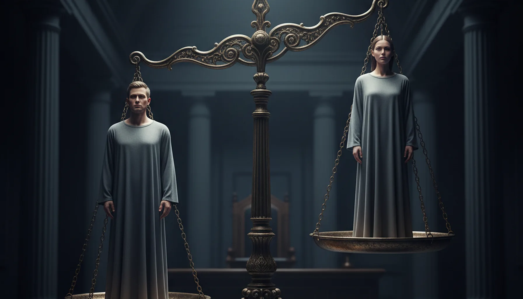 Иллюстрация к статье «Как пол влияет на приговор: исследование гендерного неравенства в юстиции трех регионов мира» — Весы правосудия, на чашах которых стоят…