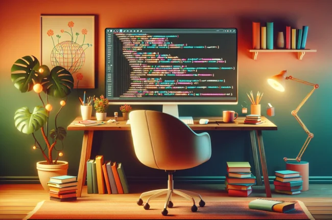 Иллюстрация к статье «Как почувствовать вайб кодинга и не бояться писать код» — Молодой человек славянской внешности сидит за ноутбуком, погружённый в процес…