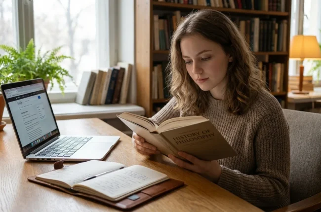 Иллюстрация к статье «Как стать умнее: пошаговый план повышения образованности без вузов» — A focused young adult with distinct Slavic (Eastern European) app…