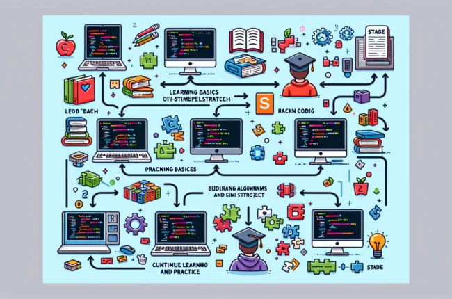 Иллюстрация к статье «Как студенту быстро освоить программирование с нуля» — молодой студент славянской внешности за ноутбуком, сосредоточенно изучающий прог…