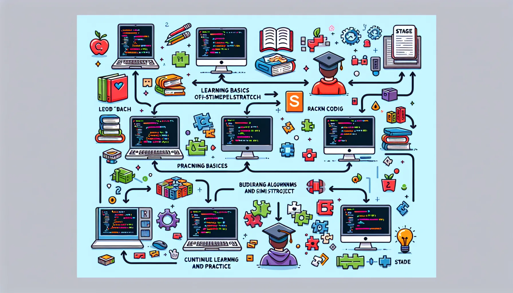 Иллюстрация к статье «Как студенту быстро освоить программирование с нуля» — молодой студент славянской внешности за ноутбуком, сосредоточенно изучающий прог…