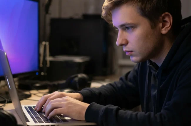 Иллюстрация к статье «Как установить Gemini CLI за 2 минуты: Список команд для терминала» — A focused young male programmer with Slavic appearance (Eastern E…