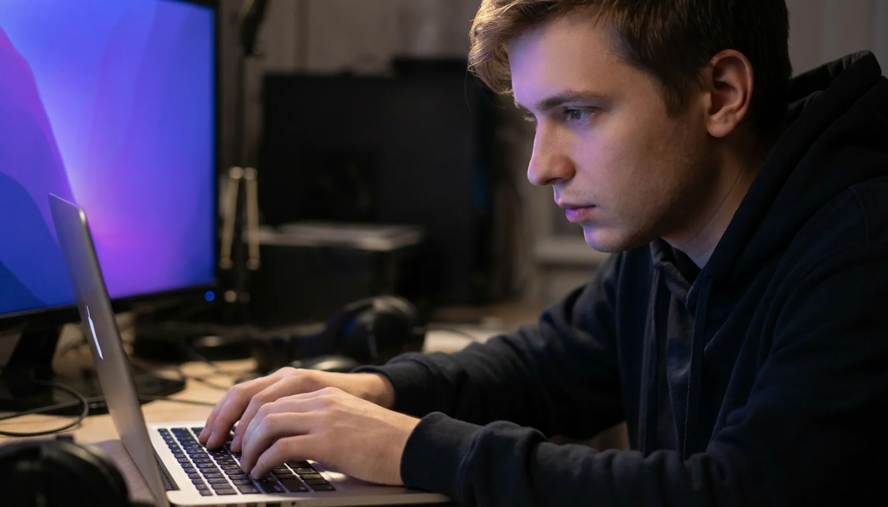 Иллюстрация к статье «Как установить Gemini CLI за 2 минуты: Список команд для терминала» — A focused young male programmer with Slavic appearance (Eastern E…