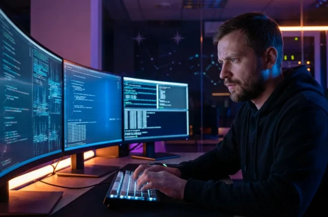Иллюстрация к статье «Как установить Gemini CLI на Ubuntu: Полный список команд» — A focused software developer with Eastern European (Slavic) features sitti…