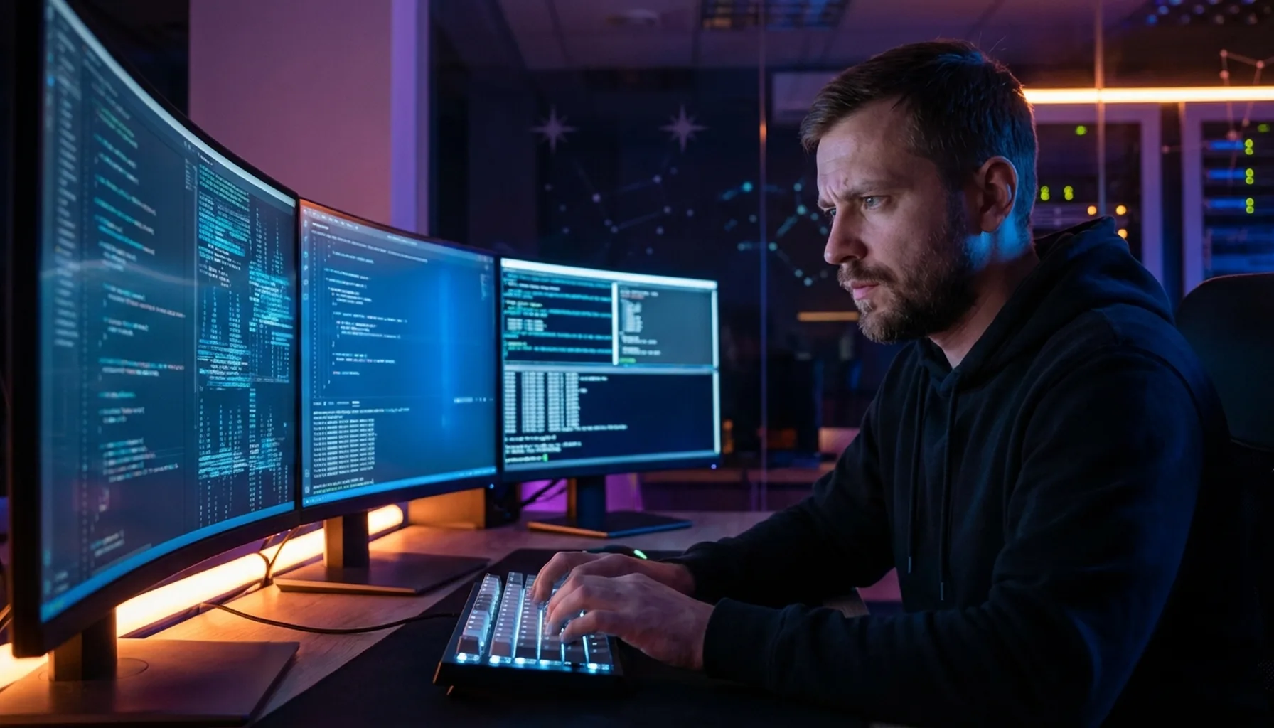 Иллюстрация к статье «Как установить Gemini CLI на Ubuntu: Полный список команд» — A focused software developer with Eastern European (Slavic) features sitti…