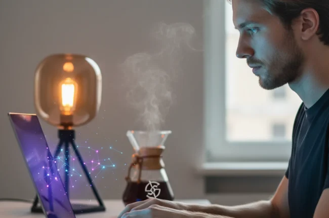 Иллюстрация к статье «Как установить Google Gemini CLI на macOS с помощью Homebrew: Быстрый старт» — Young developer of Slavic appearance (Eastern European),…