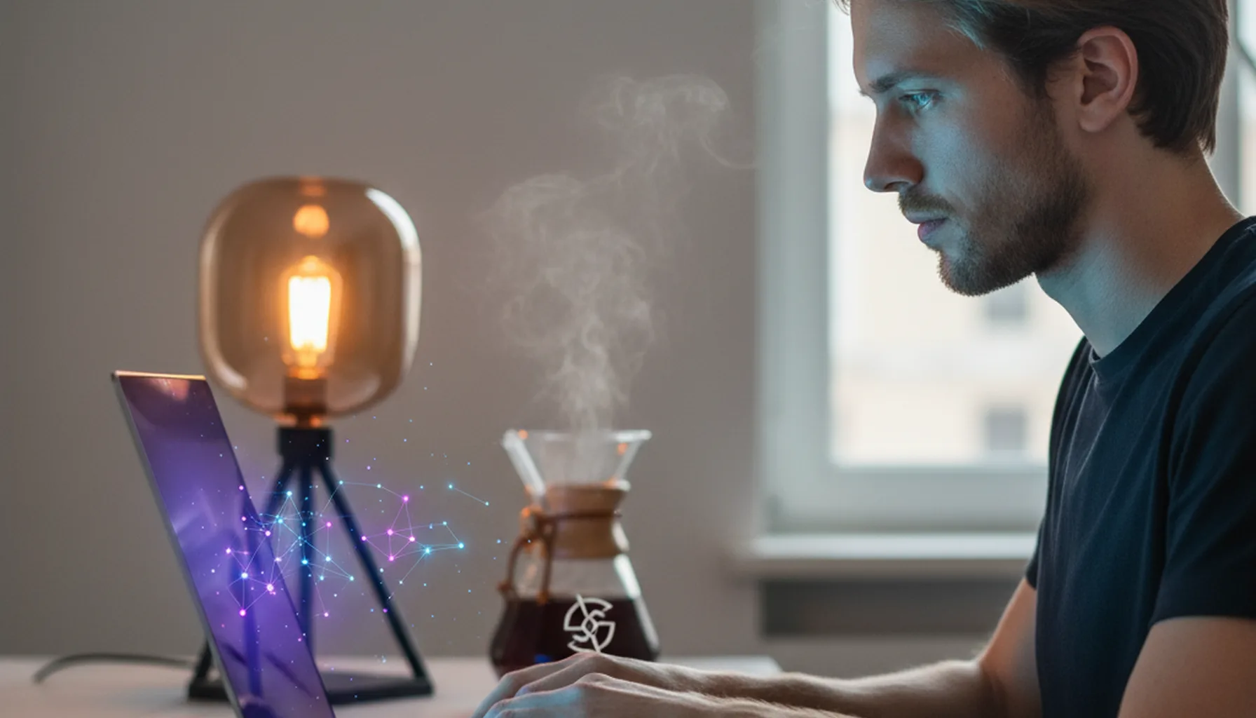 Иллюстрация к статье «Как установить Google Gemini CLI на macOS с помощью Homebrew: Быстрый старт» — Young developer of Slavic appearance (Eastern European),…